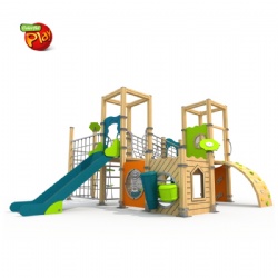 CHILDREN PLAYGROUND STRUCTURE WITH SLIDE CLIMBING WALL AND SAFETY NET